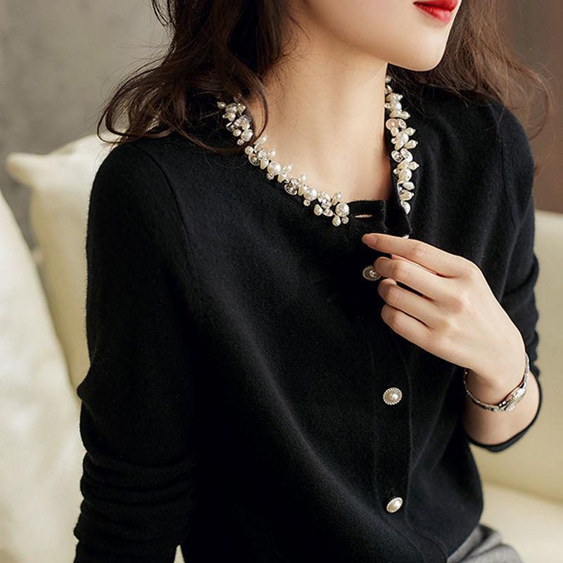 Handcrafted Women's Beaded Knit Cardigan - Spring/Autumn Long-Sleeve Sweater