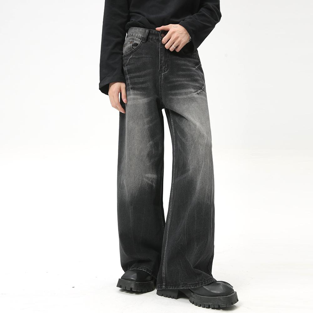 | American high street retro cat whisker washed straight loose commuter black and gray jeans
