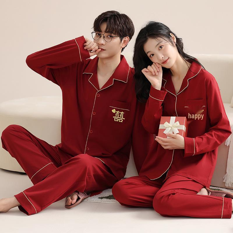 Red Pajamas for Couples - Spring/Autumn 2025 Pure Cotton High-Grade Dowry Festive Homewear for Newlyweds