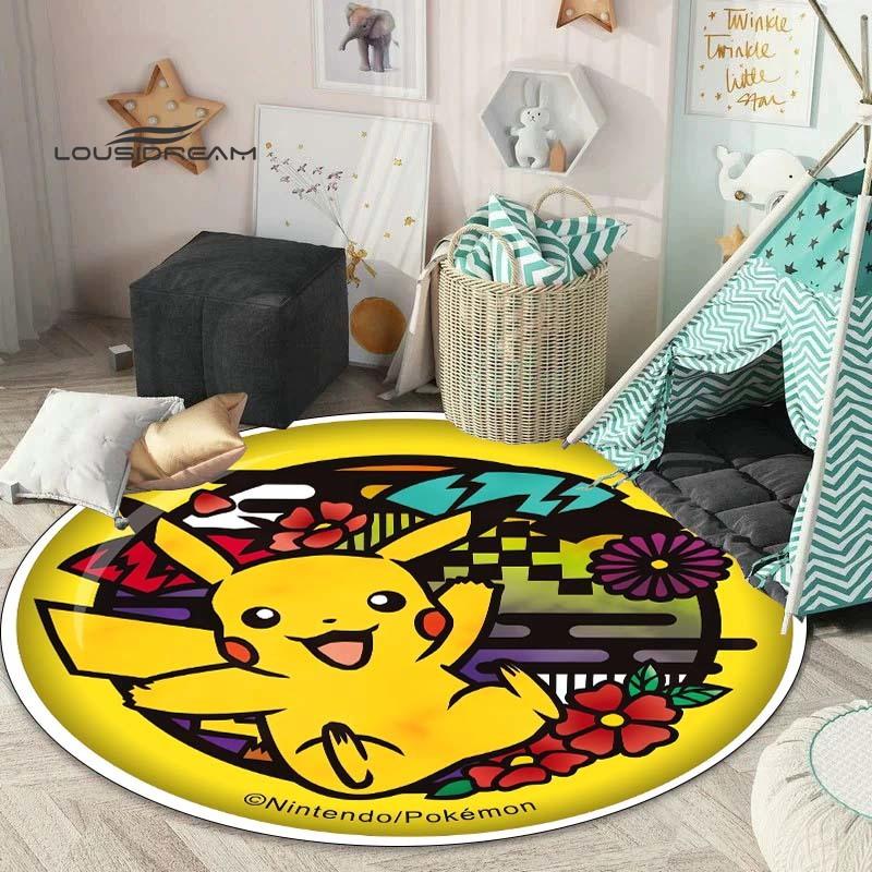 Tappeto rotondo carino dei cartoni animati Pokémon, tappeto per camera da letto e soggiorno, tappetino per sedia girevole per stanza dei bambini e sala giochi, tappetino per divano per il tempo libero Q0