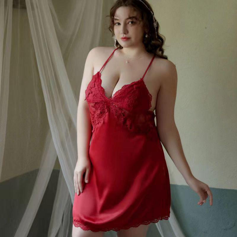 Elegant Plus Size Silk Lace Pajama Set with Chest Pads - Camisole Nightgown for Women up to 200 Jin