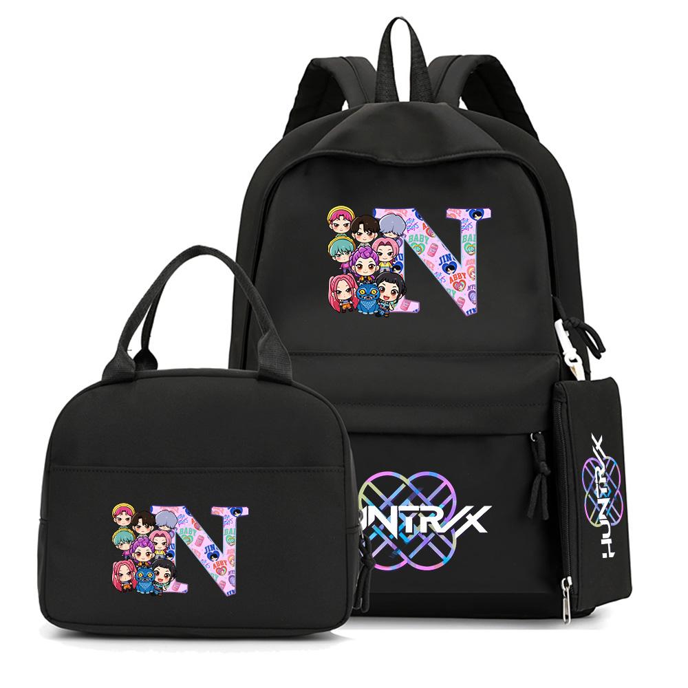 4Pcs/set 26 English Letter K-Pop Printed Backpack with Handbag Pencil Case for Teenager Student Boy Girl Schoolbag Bookbag Large Capacity Travel Bag