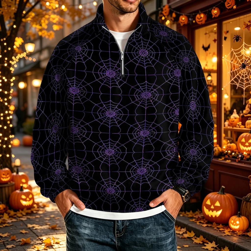 Men's Loose Fit Raglan Sleeve Sweatshirt with Stand Collar and Halloween Print for Parties and Daily Wear