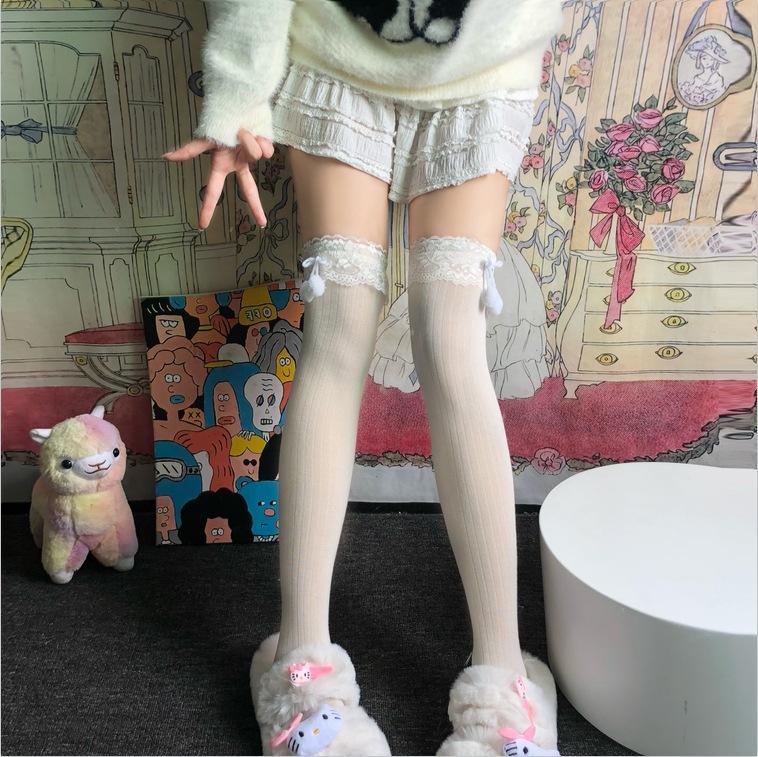 Lace Hairball Lace Calf Socks Women'S Spring And Autumn Stockings With Boots White Knee Socks Jk Black Stockings Women