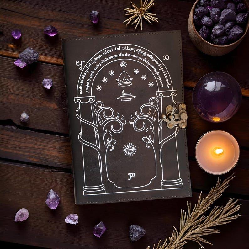 Doors of Durin from Tolkien Lord of the Rings - Handmade Leather Journal Book of Shadow Fantasy Journal Wedding Guest Book Gift for Him/her.
