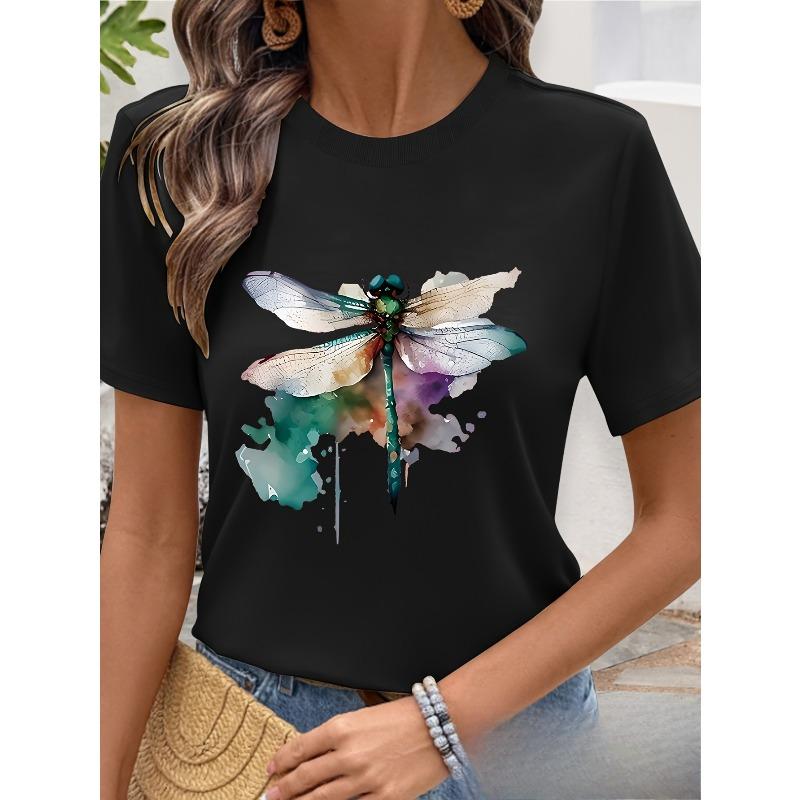 European Size Women's Casual Dragonfly Watercolor Print T-Shirt - Breathable Summer Short Sleeve Round Neck Top,