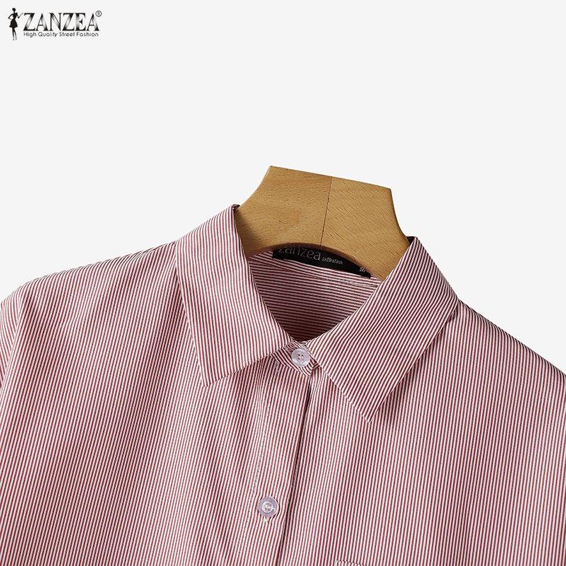 ZANZEA Women Casual Turn Down Collar Long Sleeve Loose Stripe Blouse