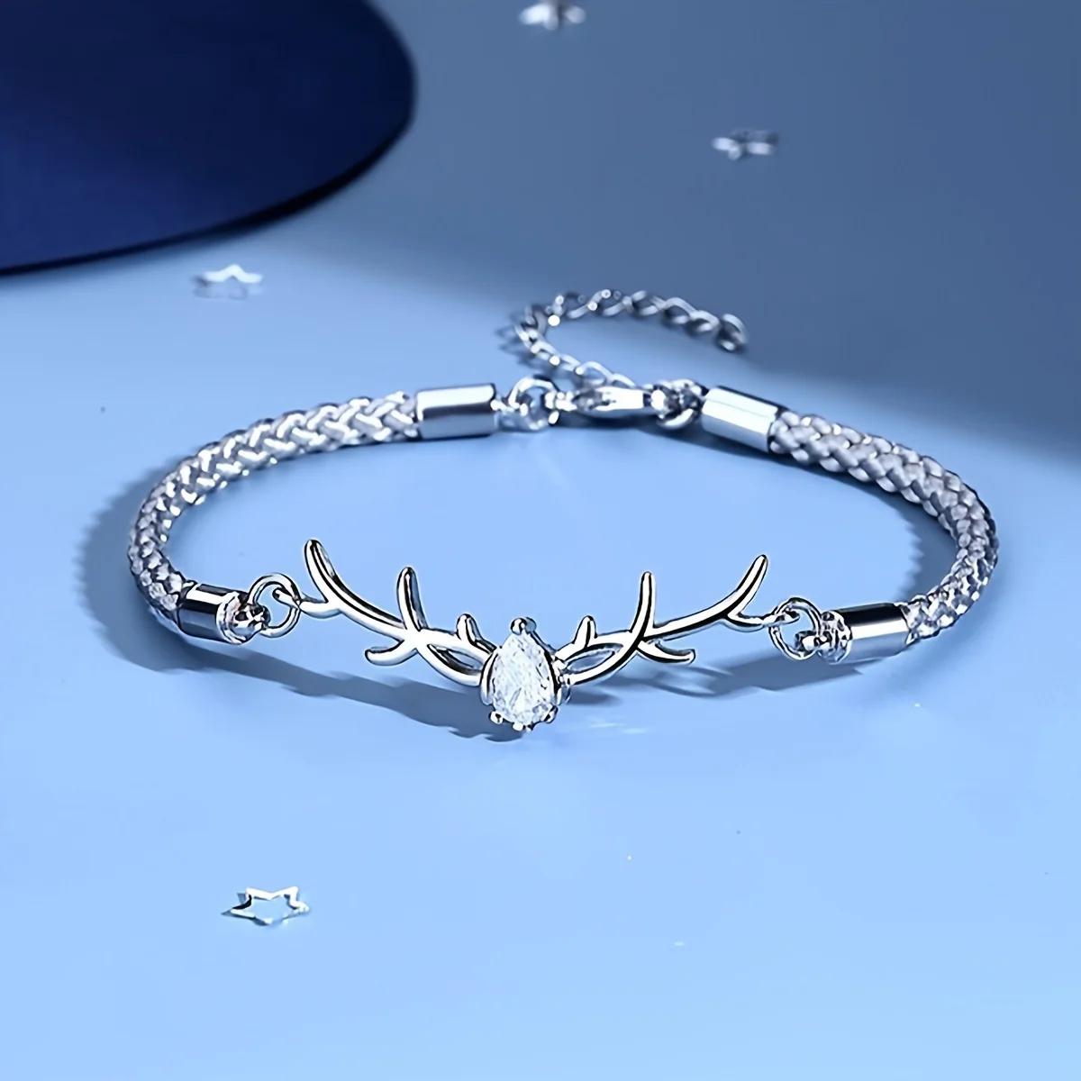 

Deer Horn Heart Design Bracelet Copper Jewelry Zircon Inlaid Elegant Leisure Style For Women Valentine s Day Gift