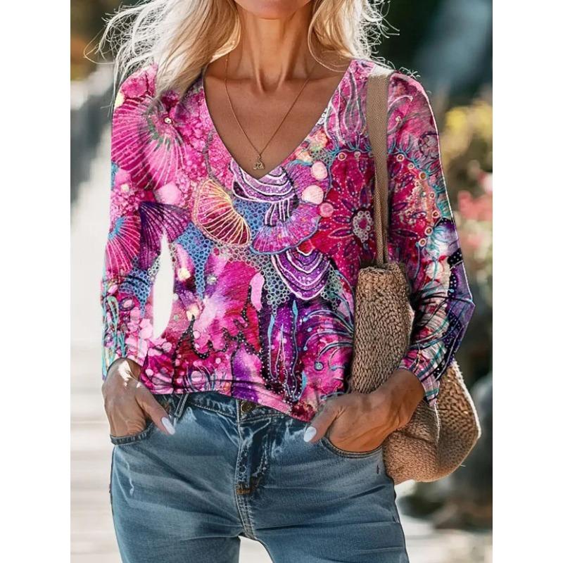 

Women Vintage Ethnic Print V-Neck Long Sleeve T-Shirt Casual Bohemian Blouse S розовый