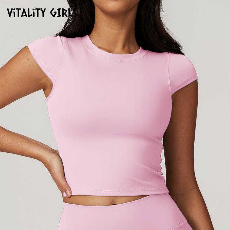 

Vitality Girls Sports Slim-Fitting Short Sleeve Women with Chest Pad Elastic Tight Flying Sleeve Fitness T-shirt Slim Looking Sakura Powder XL