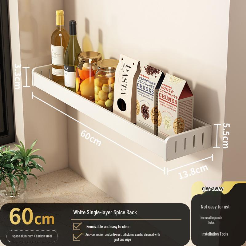 White Wall-Mounted Kitchen Rack: No-Drill Seasoning, Knife, and Chopsticks Organizer
