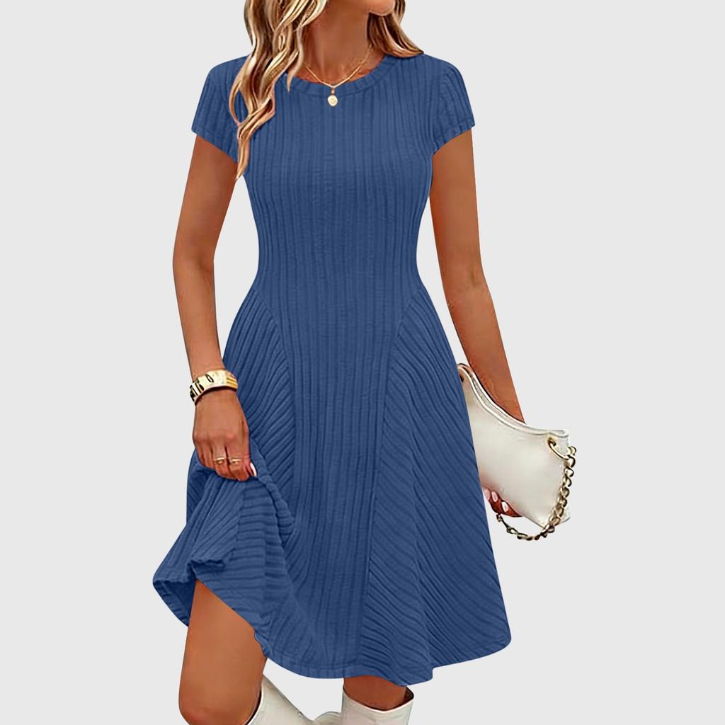 Women's Ribbed Knit Short Sleeve Round Neck Midi Dress Casual Swing Fit a Line Sundress