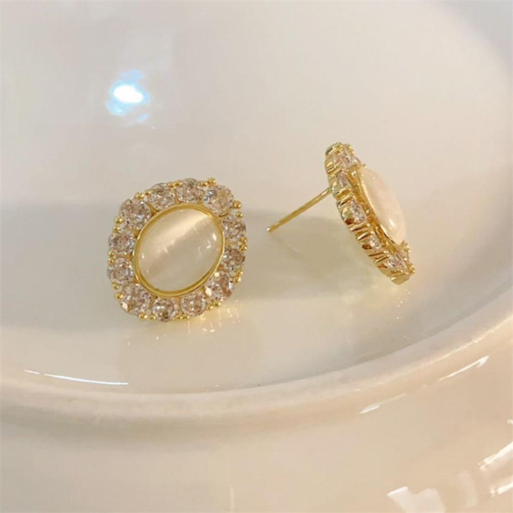 Exquisite Luxury Shiny Zircon Edge Geometric Oval Glass Opal Stone Stud Earrings for Woman Korean Bride Wedding Jewelry Gifts