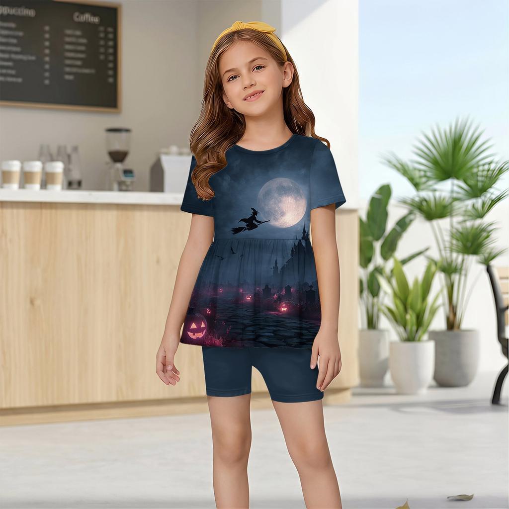 Little Girls Summer Outfit Set Halloween Print Short Sleeve Ruffle Hem Top and Shorts