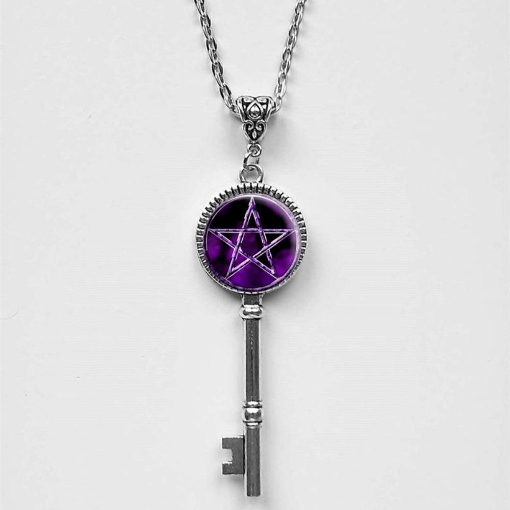 Fashion Classic Five-pointed Star Glass Key Pendant Necklace for Men Women Key of Solomon Magic Array Jewelry Accessories Gifts