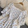 Fashion  Summer Flower Print Long Dress Women Vintage Square Neck Ruched Chest Split  Sundress Party