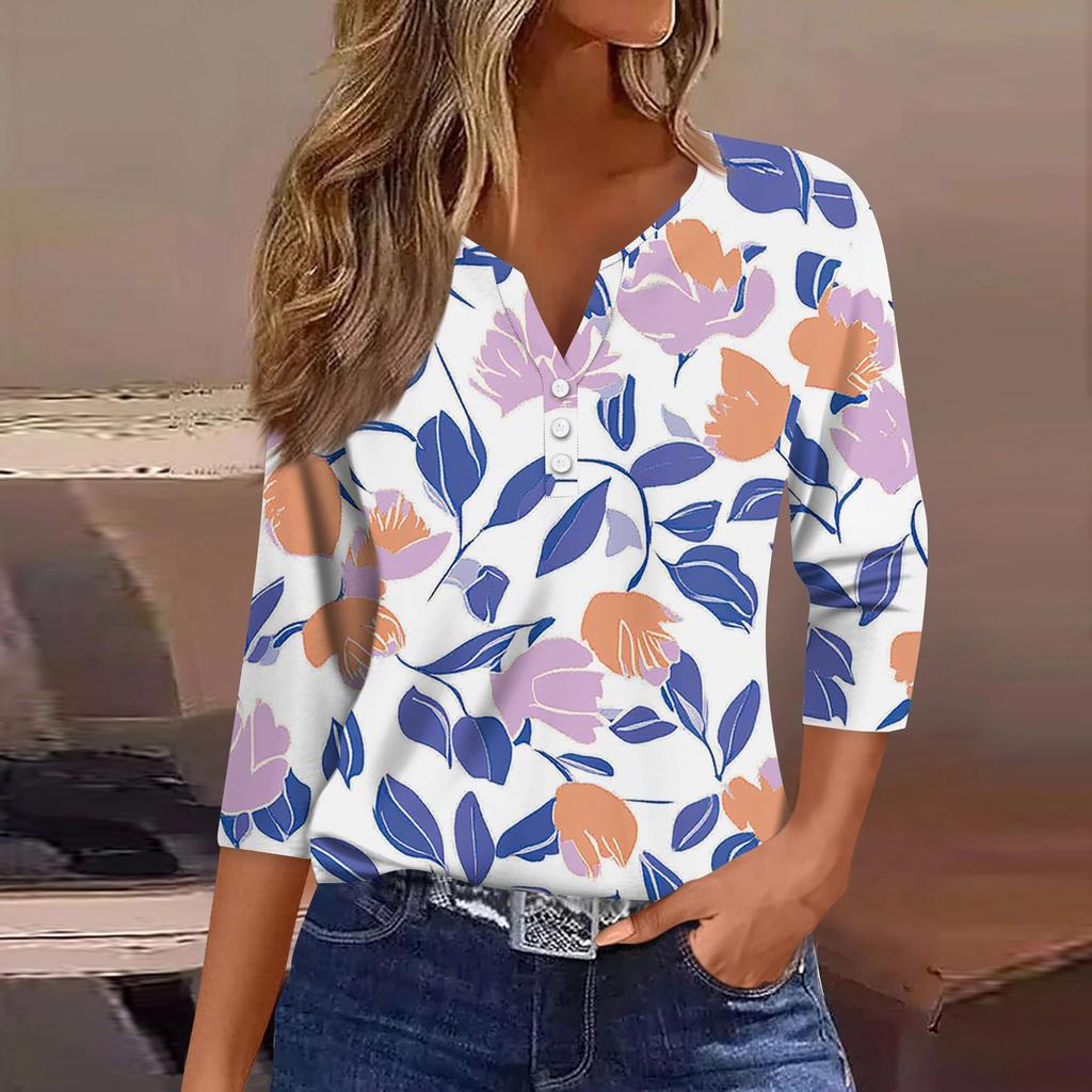 Damska koszulka T-shirt z nadrukiem Rękaw 3/4 Codzienny weekend Moda Podstawowy Dekolt w kształcie litery V Regularny top