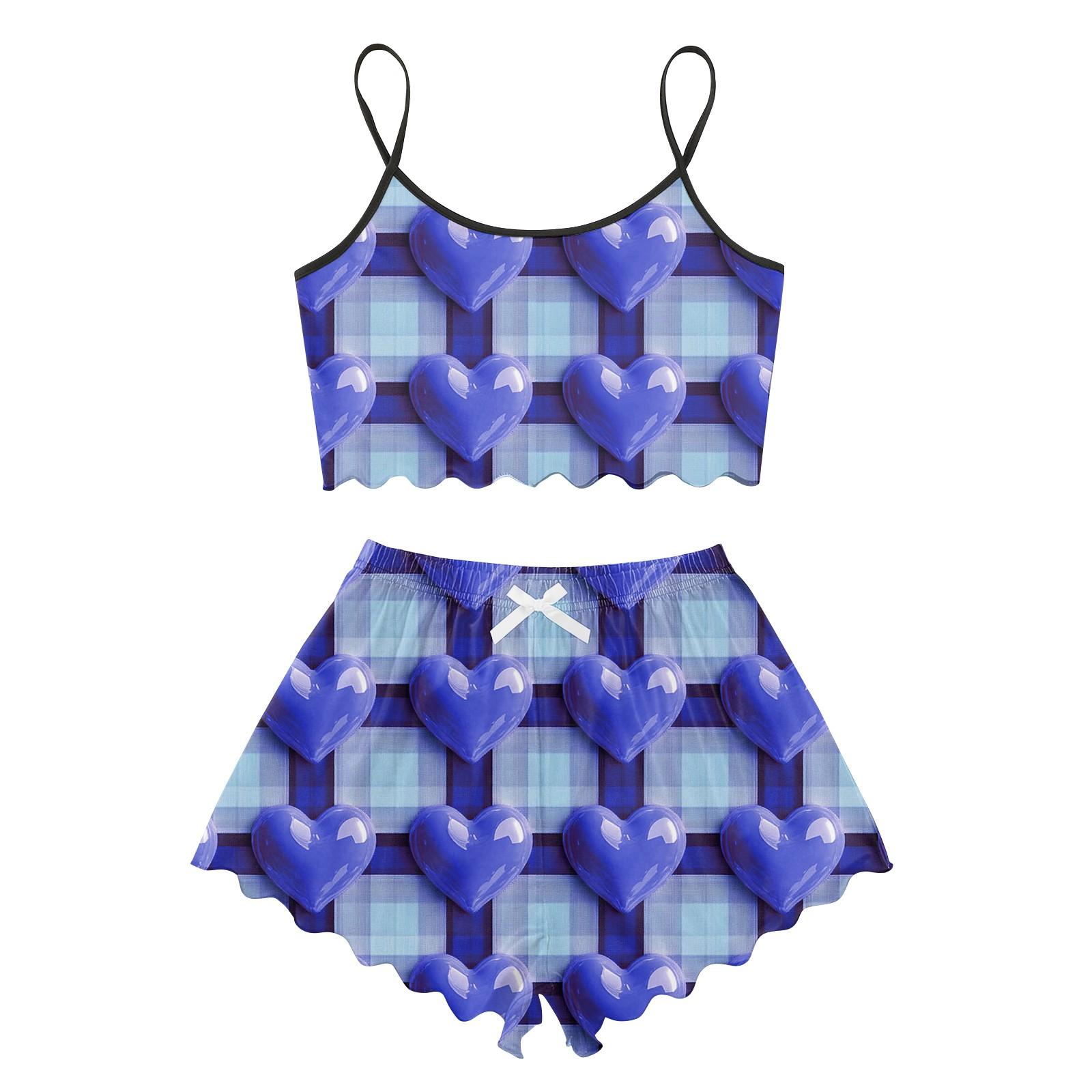 

Пижамные комплекты для женщин, мягкие комплекты домашней одежды из двух предметов, топы без рукавов, шорты, одинаковые пижамы, одежда для сна L синий