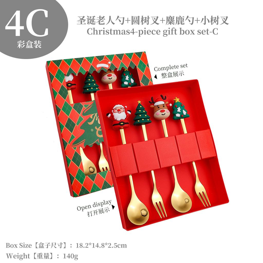 Christmas Fork Spoon Set, Dessert Coffee Spoon Fruit Fork Christmas Doll Tableware Gift Box
