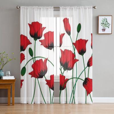 Red Poppy Flower Sheer Curtains For Bedroom Living Room Tulle Curtains For Kitchen Window Voile Curtains
