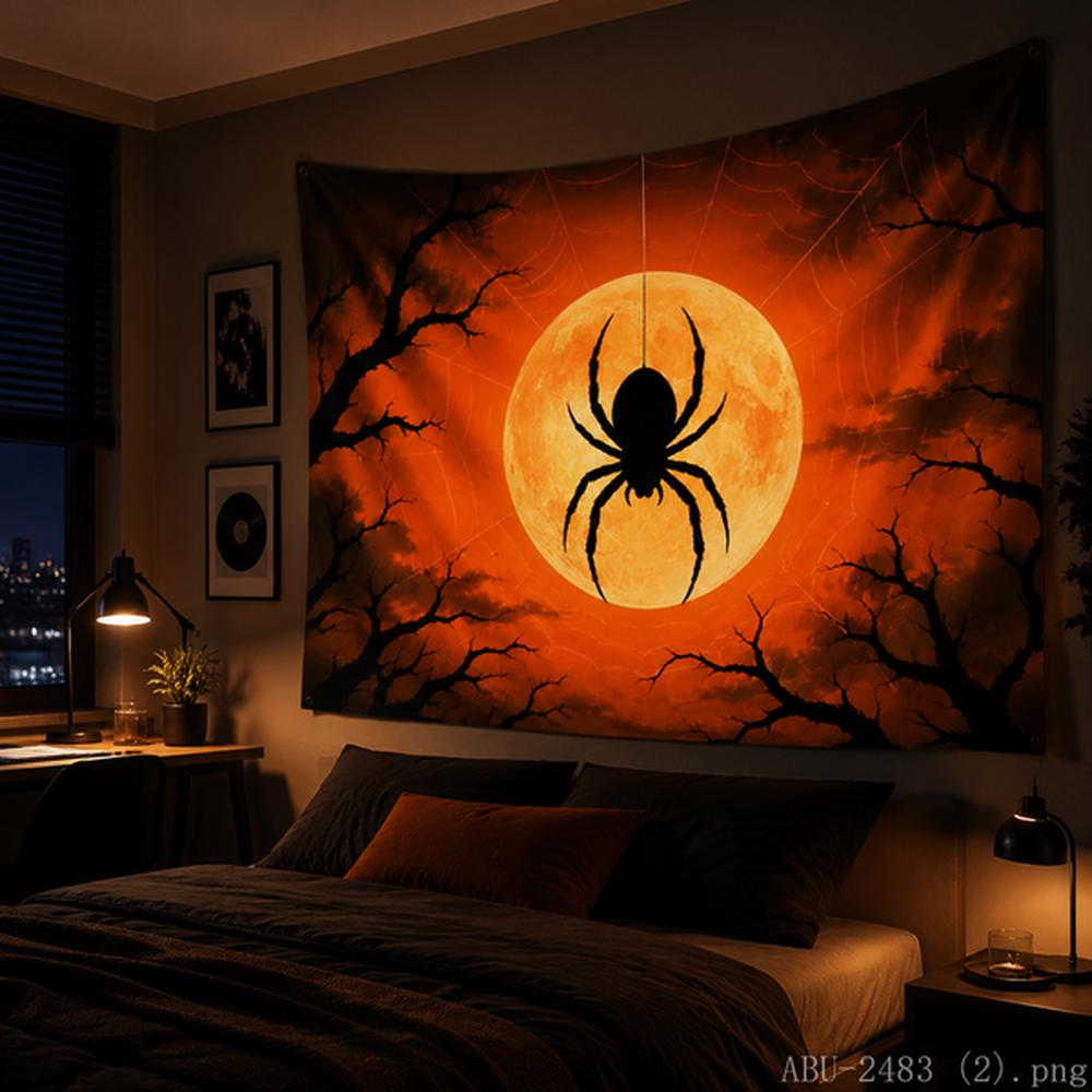 Halloween Tapestry Giant Glowing Jack-o-lantern Full Moon Spider Web Purple Gothic Art