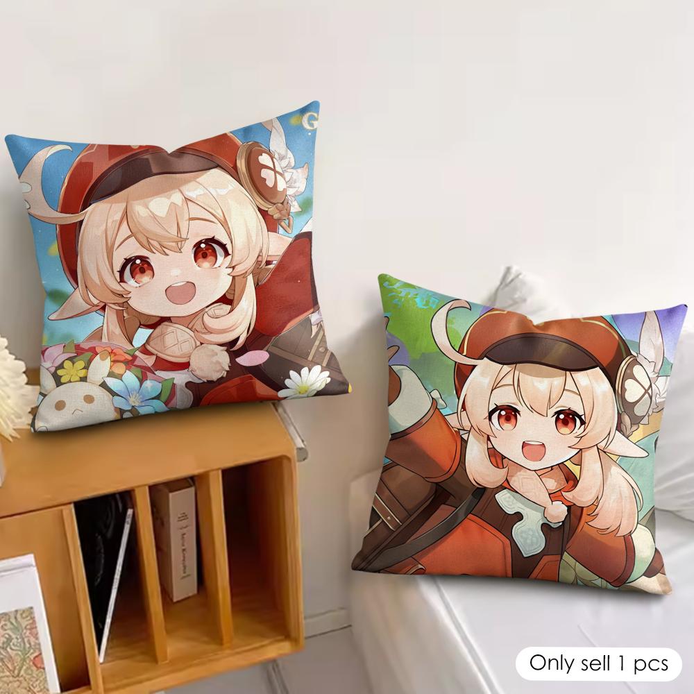 Klee Cute Genshin Impact Cushion Cover Silky Short Plush Invisible Zipper Dustproof Sofa Pillow Case For Home Decor