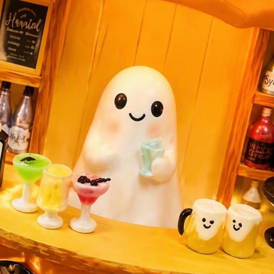 Small Halloween Ornament Ghost Bartender Pumpkin Figurine, Mini Bar Scene Coffee Lighted Tabletop Decoration for Living Room, Entryway, Mantel, Table,