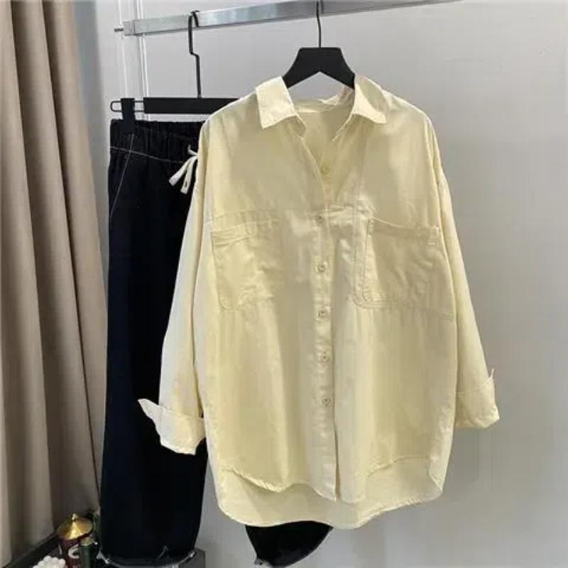 Korean Women's Autumn New Spliced Polo Collar Button Pocket Fashion Solid Loose Casual Long Sleeve Blouses Shirts