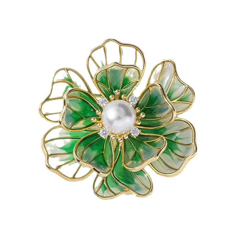 Elegant Enamel Peony & Pearl Brooch - Luxurious Unisex Pin for Clothing Accessories