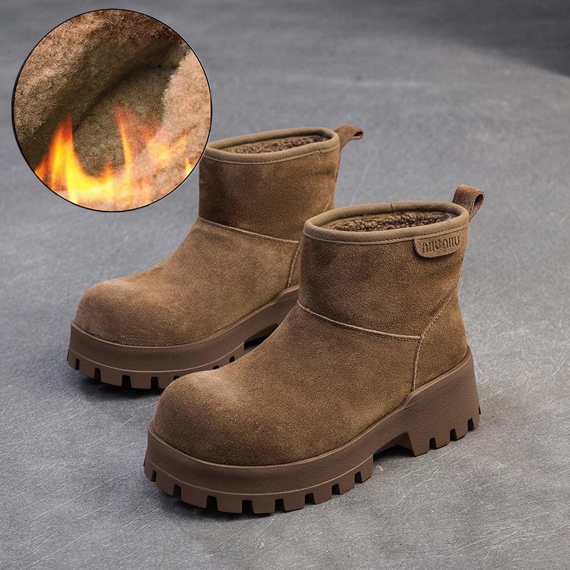 Fashion GKTINOO 2024 Winter New Wool Warm Cotton Boots Retro Versatile Nubuck Cowhide Thick Soled Women's Short Boots