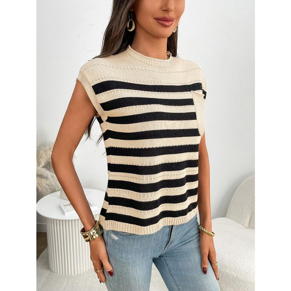 Summer New Women's Round Neck Top Knitted Casual Striped Sweater