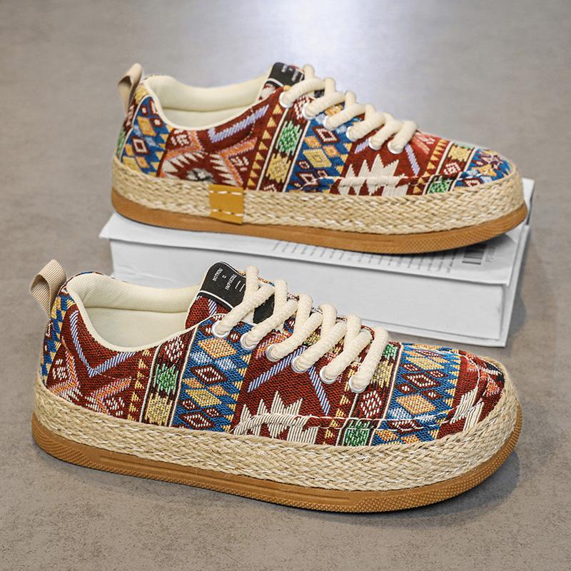 Wide Toe Ethnic Embroidered Casual Shoe For Men Chinese Style Linen Spring Sneaker Gentlmen Vintage Dress Flats Lace-up