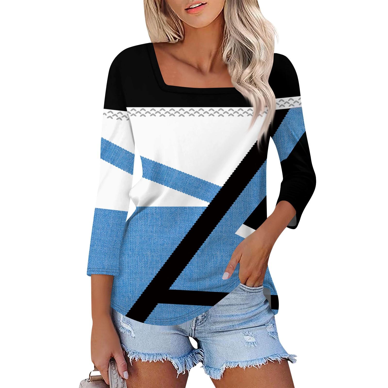 

Рубашка для женщин, модная повседневная свободная футболка с квадратным вырезом и рукавами 3/4, женский топ L синий