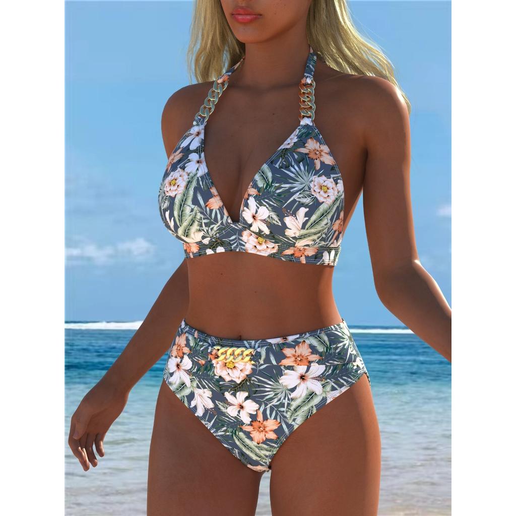 New European and American Tropical Printed Bikini Women's Split Swimsuit Sexy Suspender High Waist Beach Vacation Swimming