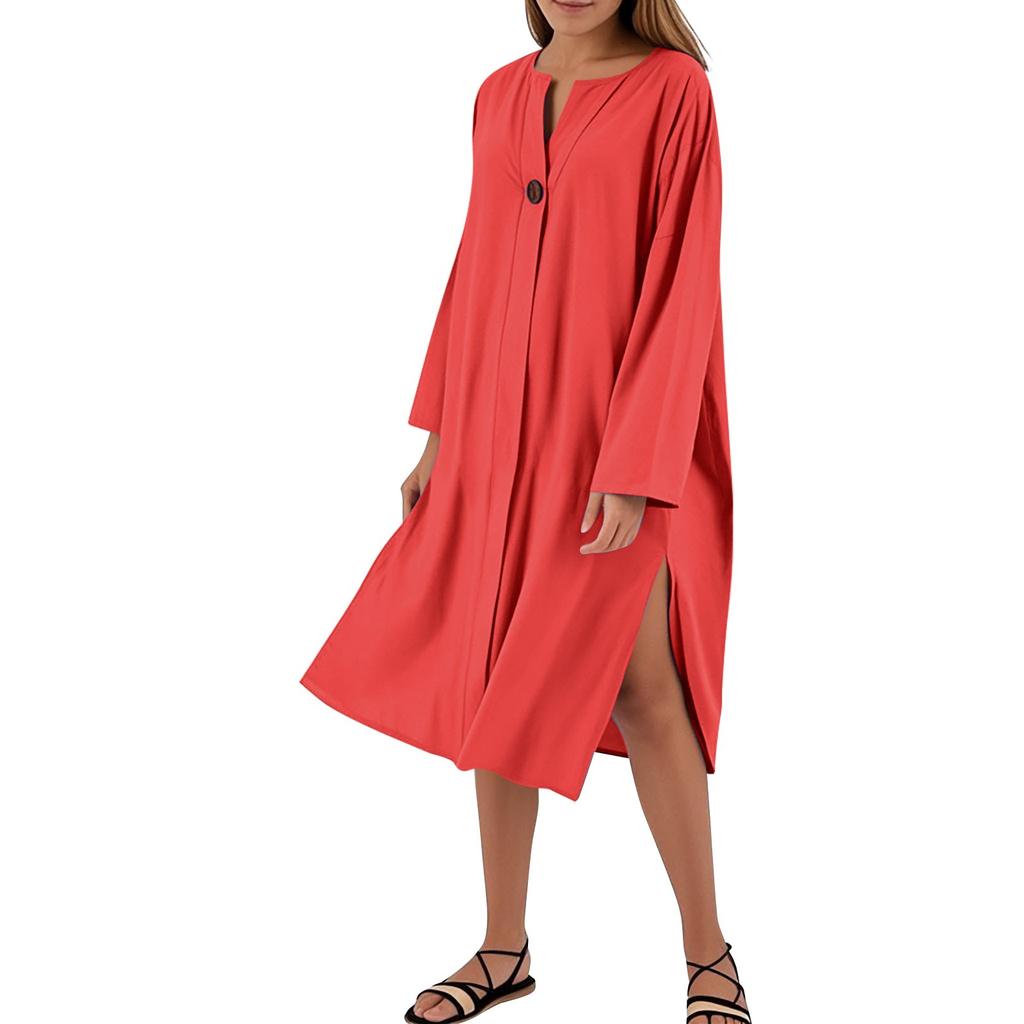 Women's Dresses Loose Casual Solid Color V-Neck Button Long Dresses