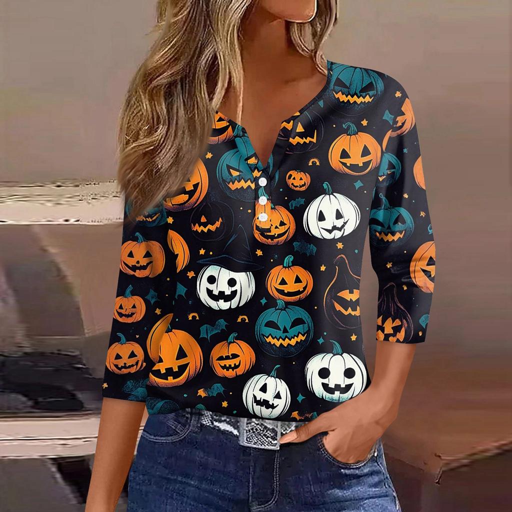 Dámské tričko Halloween potisk knoflík 3/4 rukáv tunika denní víkendová móda základní V-výstřih běžný top