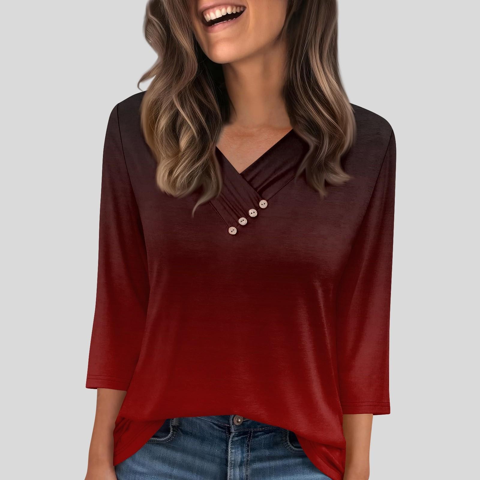 

Женская футболка, футболка, пуговица, рукав 3/4, туника, повседневная, для выходных, модная, базовая, с V-образным вырезом, обычный топ XL винный