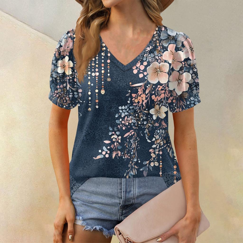 Damenmode Blumendruck Top Puff Kurzarm V-Ausschnitt T-Shirt Lose Casual T-Shirt