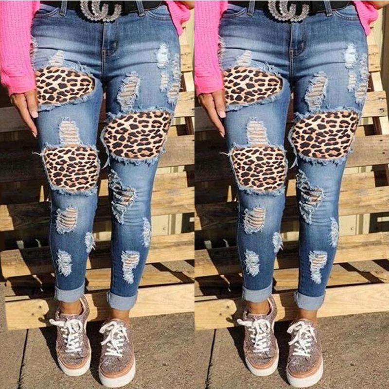 Ripped Pant Women's Jeans Personalized Leopard Patches Printed High Waisted Trousers