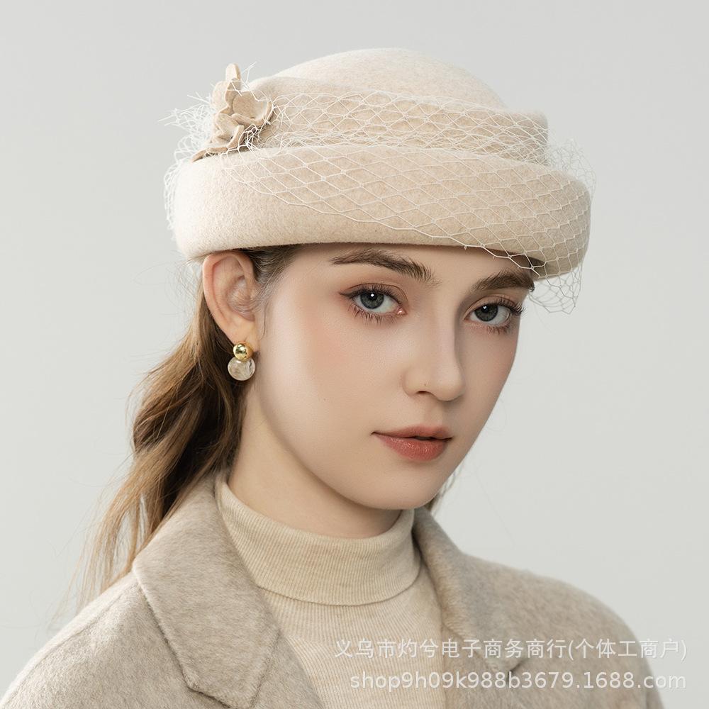 British retro three-dimensional flower beret elegant mesh painter hat women's autumn and winter warm Australian wool felt hat
