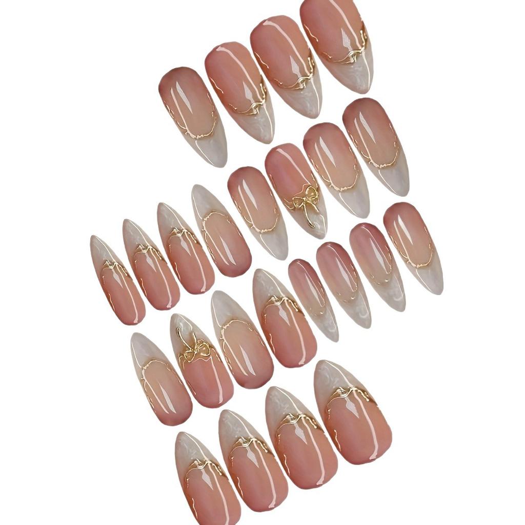 Almond Shape French Tip Press On Nails with Gold Edge & Bow, Elegant Daily False Nails