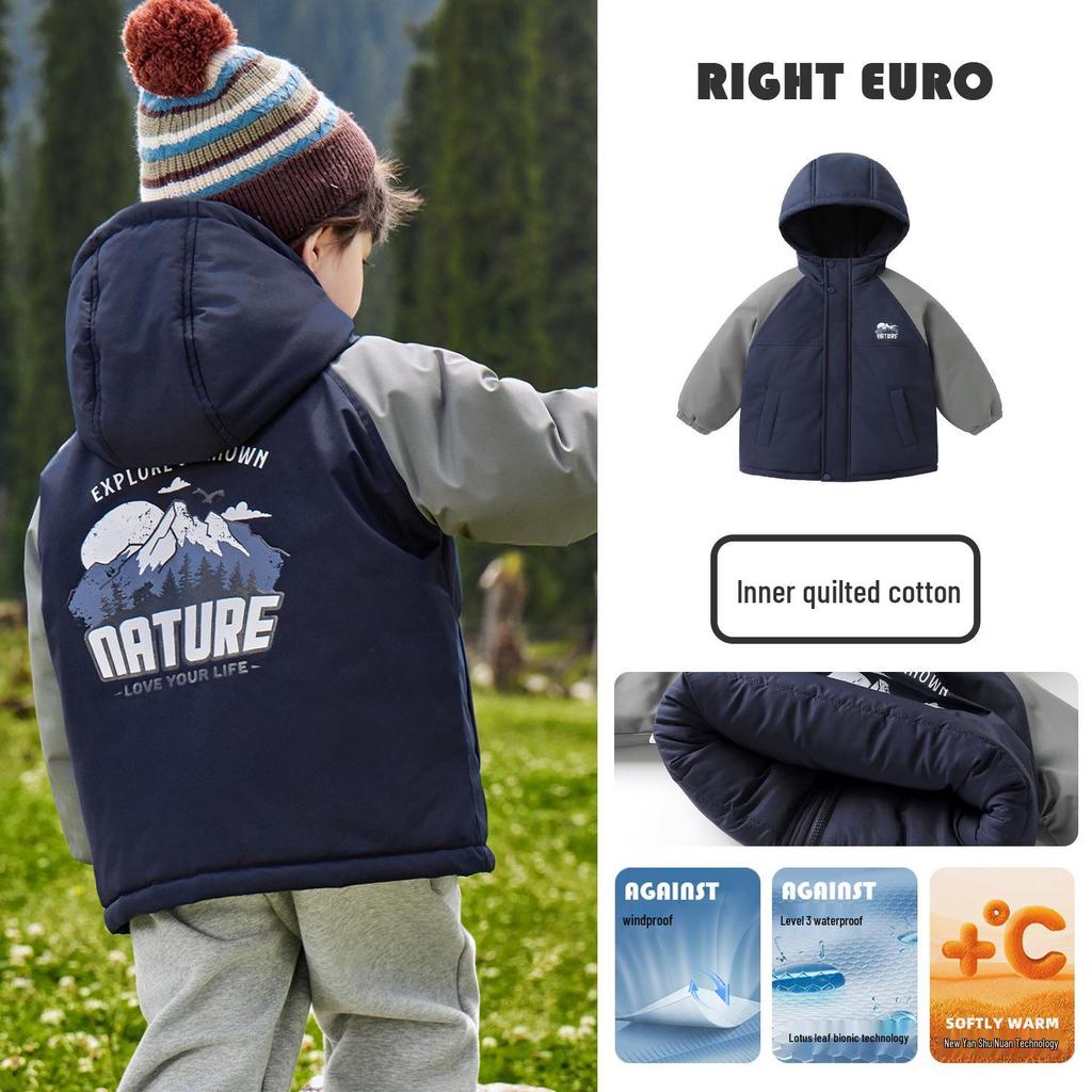 2025 New Boys' Thickened Hooded Cotton Jacket - European Winter Style with Contrasting Colors for Toddlers and Children