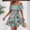 Summer Elegant Women Print Off Shoulder One Shoulder Ruffle Hem Dress A Line Style Mature Style French Retro Slim Sexy Elegant Women Maxi Dress