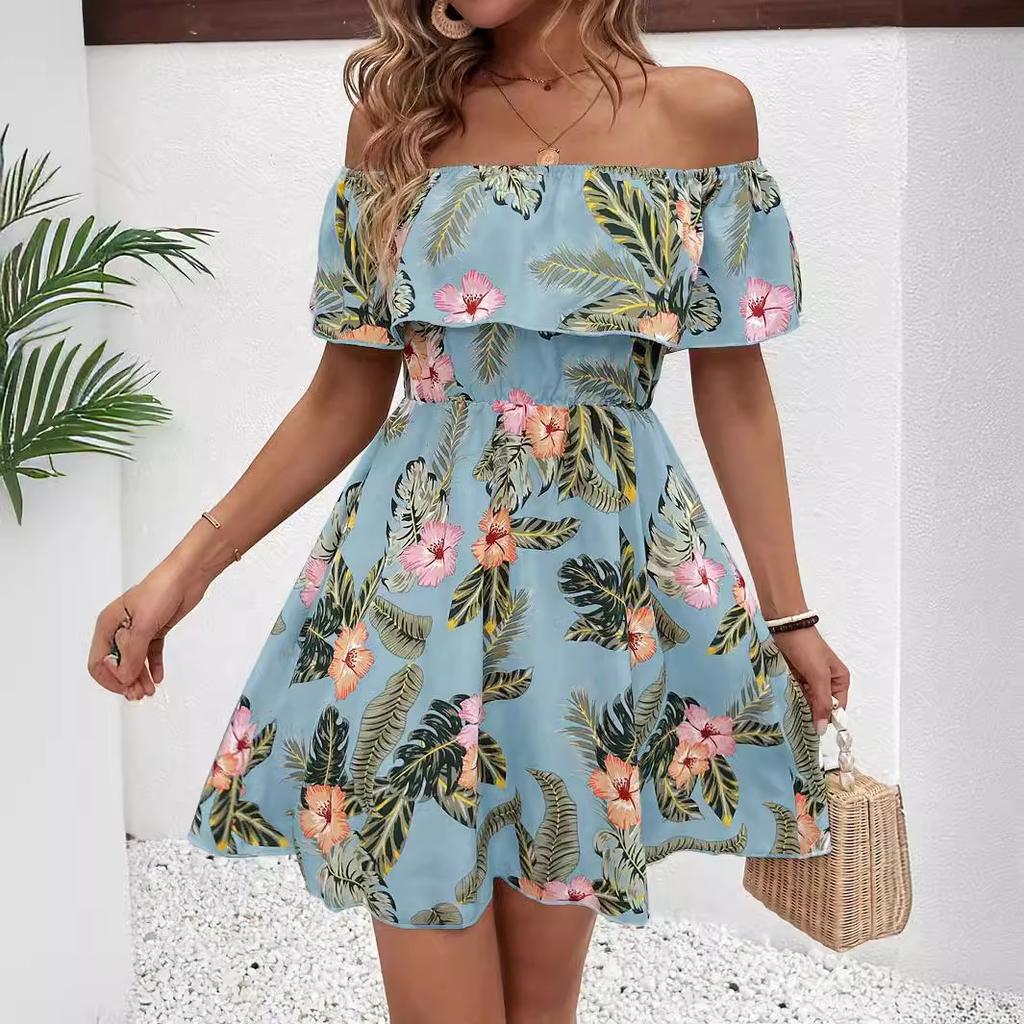 Summer Elegant Women Print Off Shoulder One Shoulder Ruffle Hem Dress A Line Style Mature Style French Retro Slim Sexy Elegant Women Maxi Dress