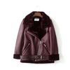 New Winter Women Fashion Leather Fur Warm Zipper Belt Buckle Stand Collar Motorcycle Short Jacket