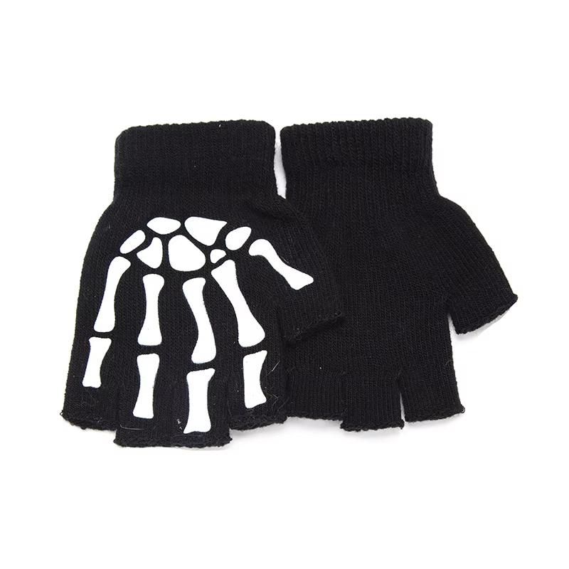 Neu Erwachsene Kinder Halloween Skelett Schädel Halb Finger Leucht Punk Handschuhe Winter