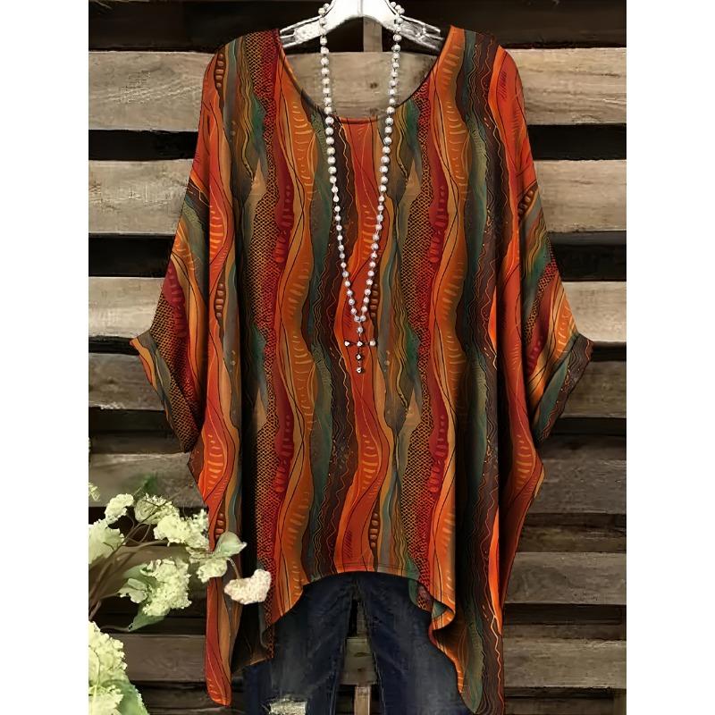 Women's Striped Checkered 3D Printed T-Shirt Summer Round Neck Casual Fashion Women's Loose Asymmetrical Hem Street Tops