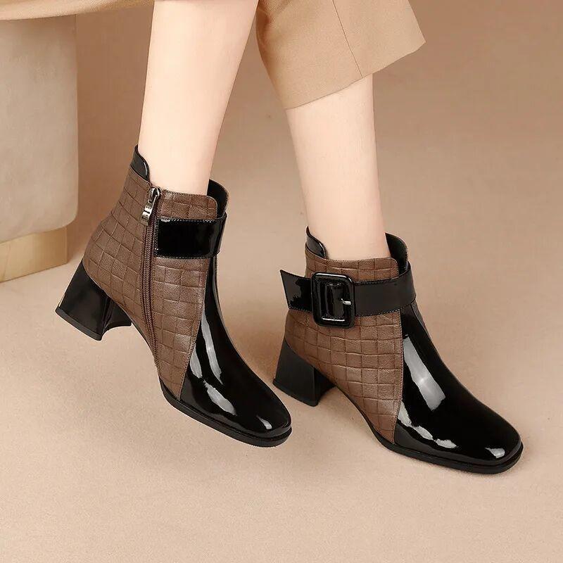 

2026 Winter New Women s Ankle Boots Korean Fashion Round Toe High Heel Low Tube Short Boots 40 темно-коричневого кольору