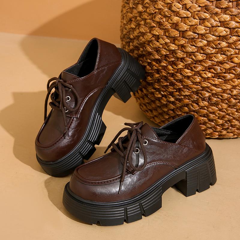 Lace-up women's spring and autumn new retro single shoes women's muffin thick-soled British style small leather shoes women