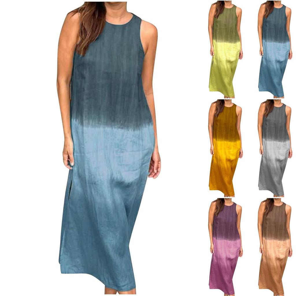 Women's Gradient Sleeveless Tank Dress Split Hem Loose Fit Summer Crewneck Flowy Casual Beach Dresses